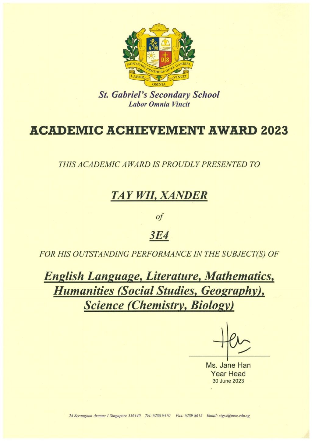 Certificate for Academic Improvement&nbsp;(2023)